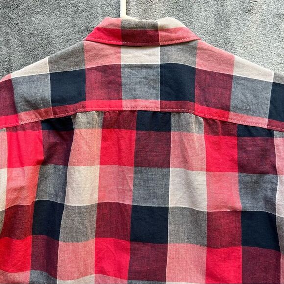 Perry Ellis Sz M Linen Cotton Blend Plaid Red Long Sleeve Shirt Button Down - Picture 13 of 14